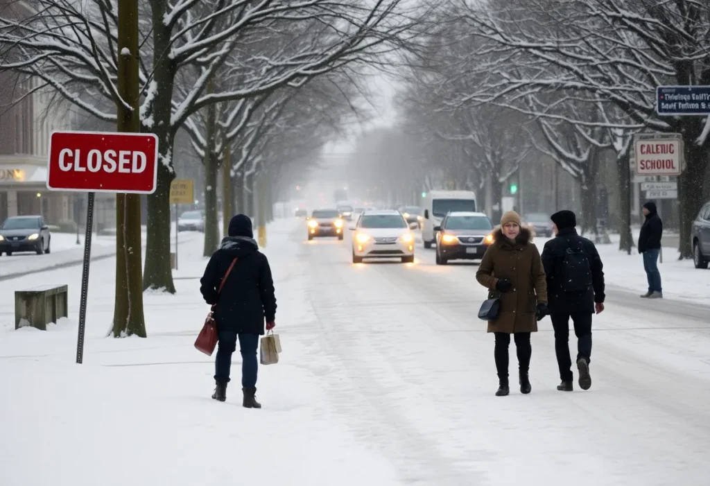 Snowy scene in San Antonio with closed schools
