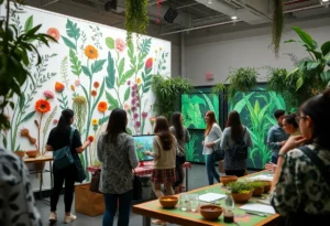 Visitors exploring the Sánate Mijita exhibit featuring native medicinal plants.