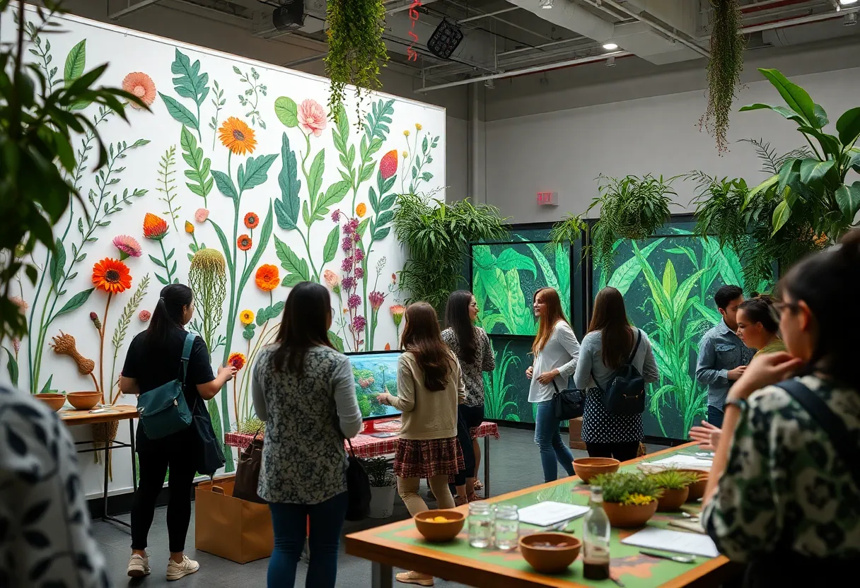 Visitors exploring the Sánate Mijita exhibit featuring native medicinal plants.