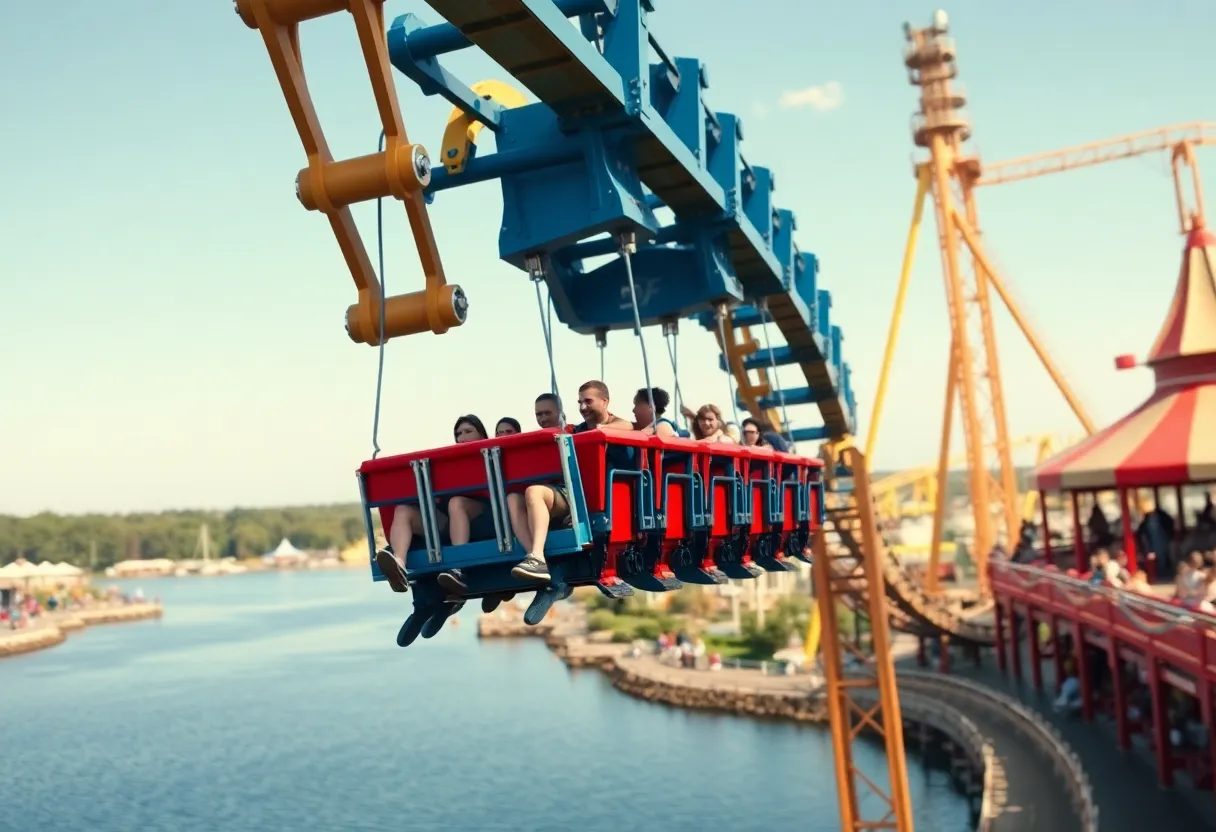Barracuda Strike roller coaster at SeaWorld San Antonio with riders enjoying the thrill while overlooking a scenic lake.