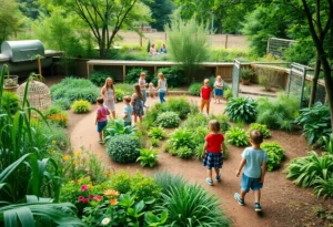 Community members enjoying activities in the Shades of Green Legacy Garden with lush greenery around.