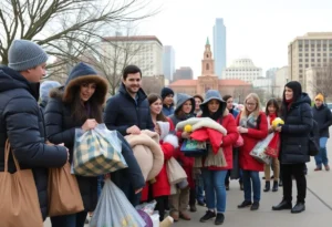 Volunteers collecting donations for the Share the Warmth drive in San Antonio