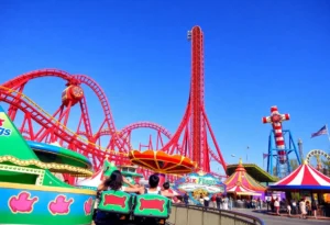 Amusement park scene at Six Flags in Texas with roller coasters