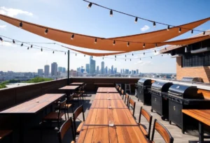 Rooftop dining area of Smoke BBQ + Skybar in San Antonio