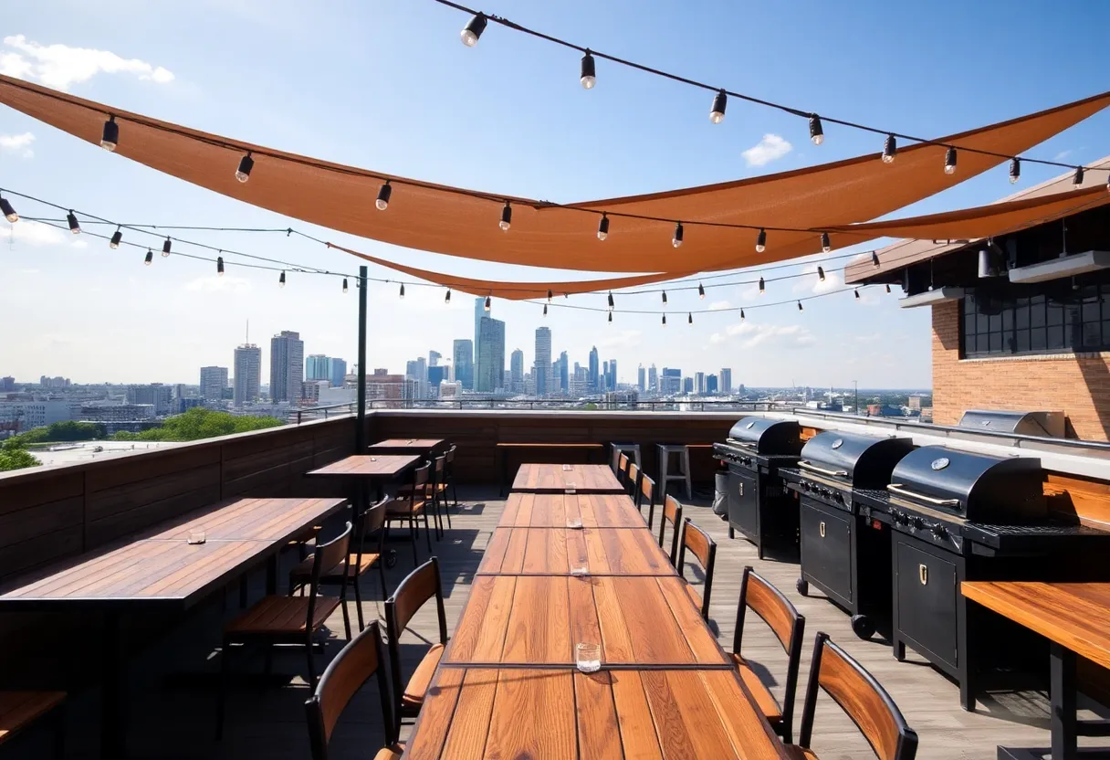 Rooftop dining area of Smoke BBQ + Skybar in San Antonio