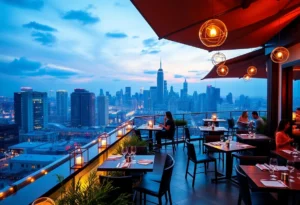 Outdoor dining area of Smoke BBQ + Skybar with a city skyline view