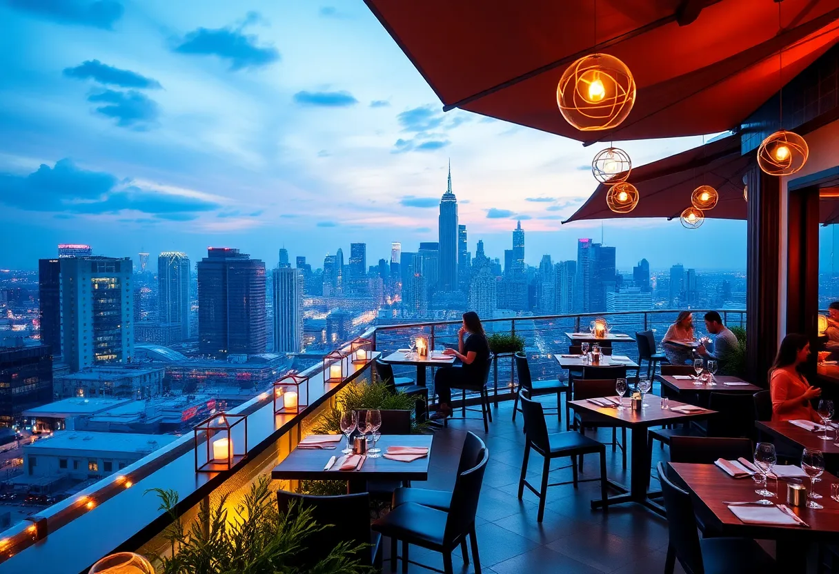 Outdoor dining area of Smoke BBQ + Skybar with a city skyline view