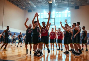 San Antonio Spurs team members celebrating a victory on the basketball court.