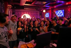 Fans celebrating at the San Antonio Spurs watch party in Austin.