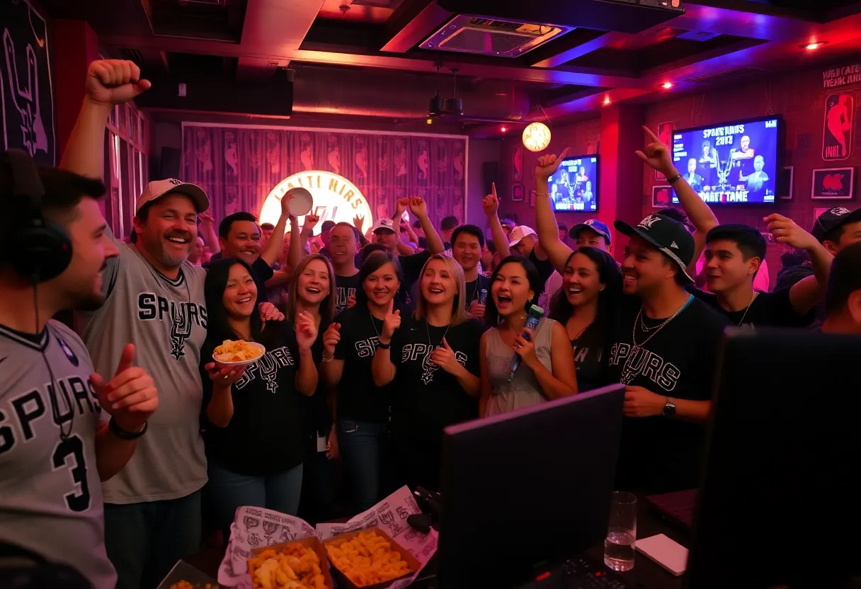 Fans celebrating at the San Antonio Spurs watch party in Austin.