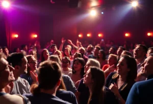 Live performance of comedian in a crowded comedy club