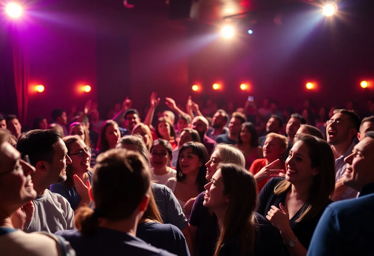Live performance of comedian in a crowded comedy club