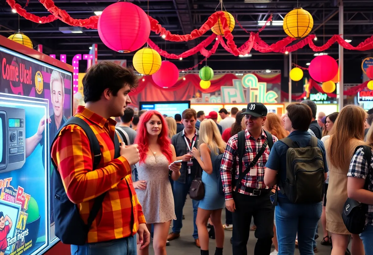 Fans enjoying the Stranger Things fan event with 1980s decorations