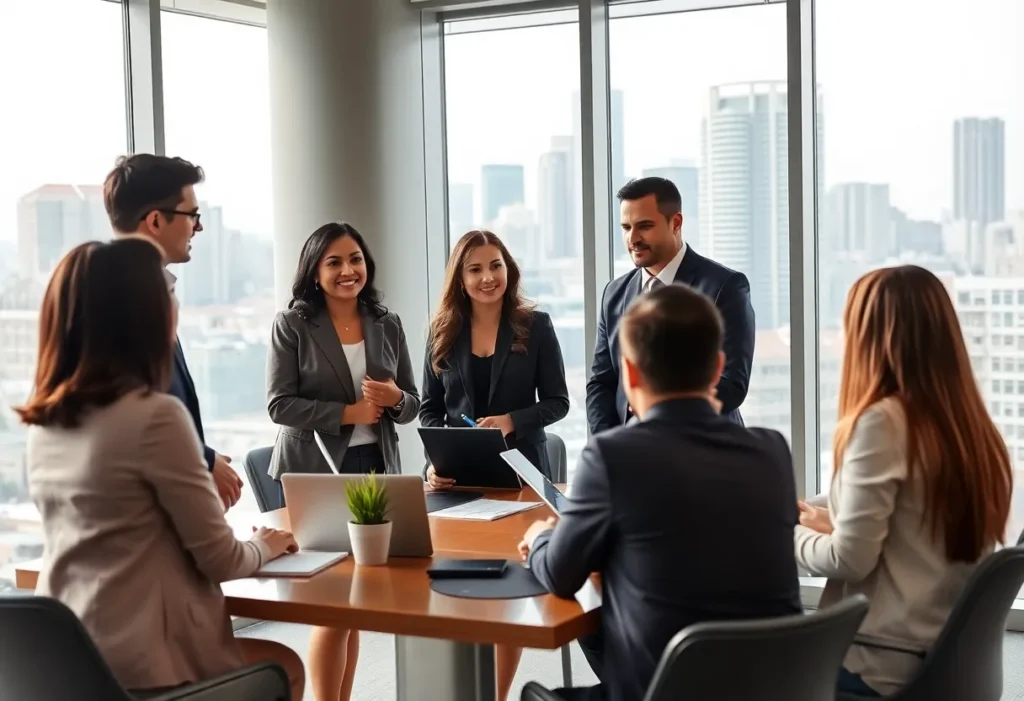 Professionals in a bank meeting with Texas skyline in the background