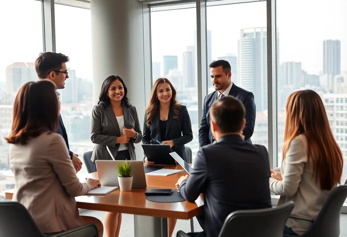 Professionals in a bank meeting with Texas skyline in the background