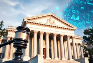 Supreme Court building with gavel and financial technology symbols.