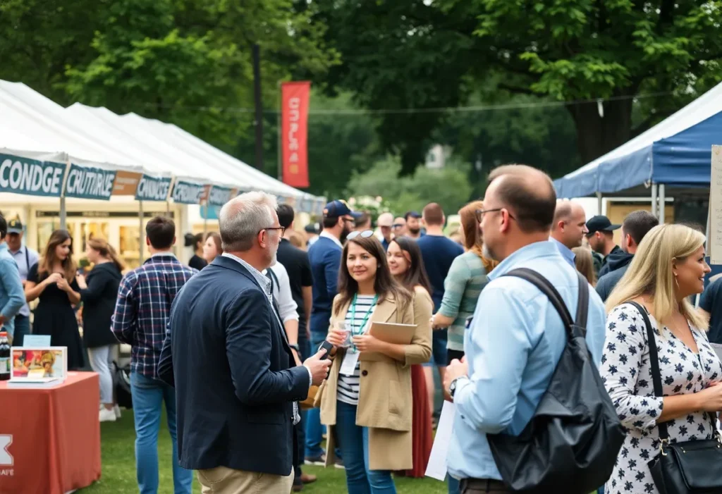 Outdoor festival networking event with professionals and exhibitors.