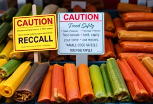 Warning sign with various tamale flavors displayed.