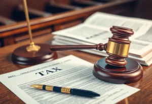Courtroom scene representing tax fraud case