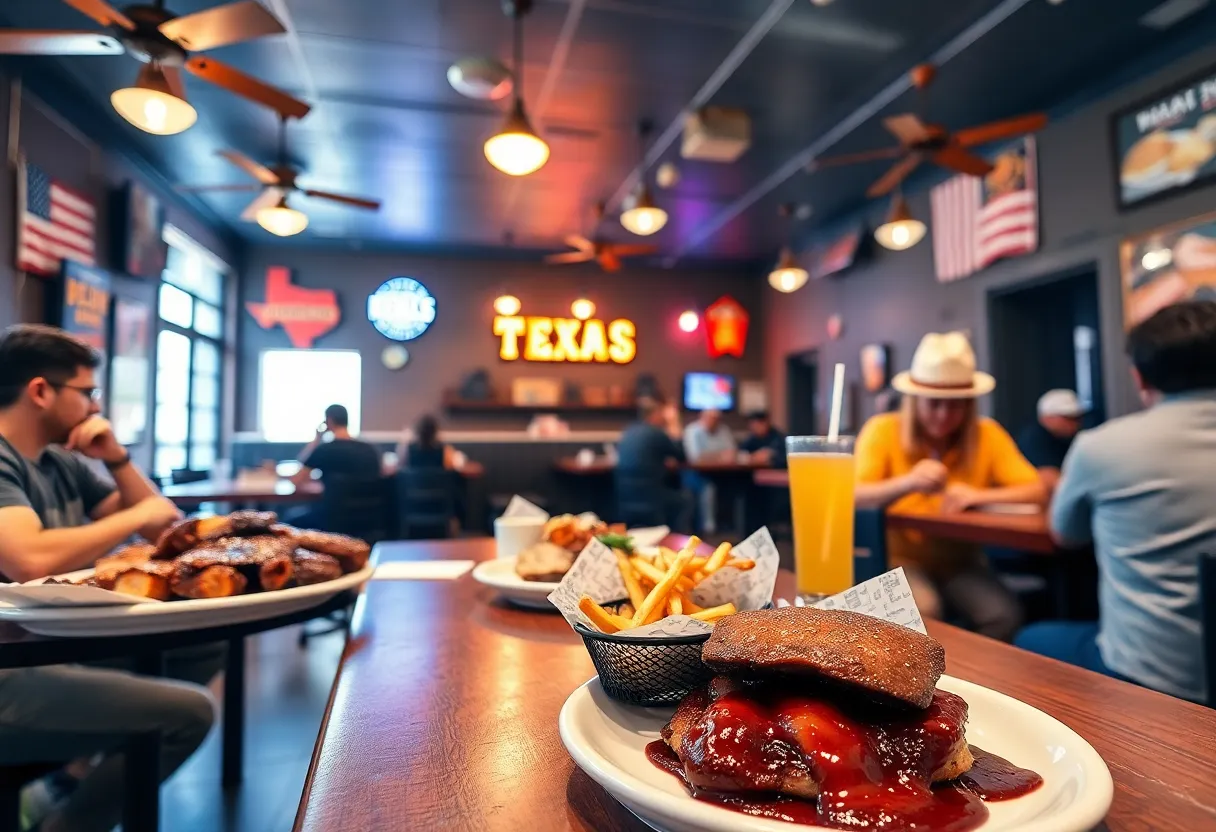 An inviting barbecue restaurant atmosphere featuring Texas barbecue dishes.