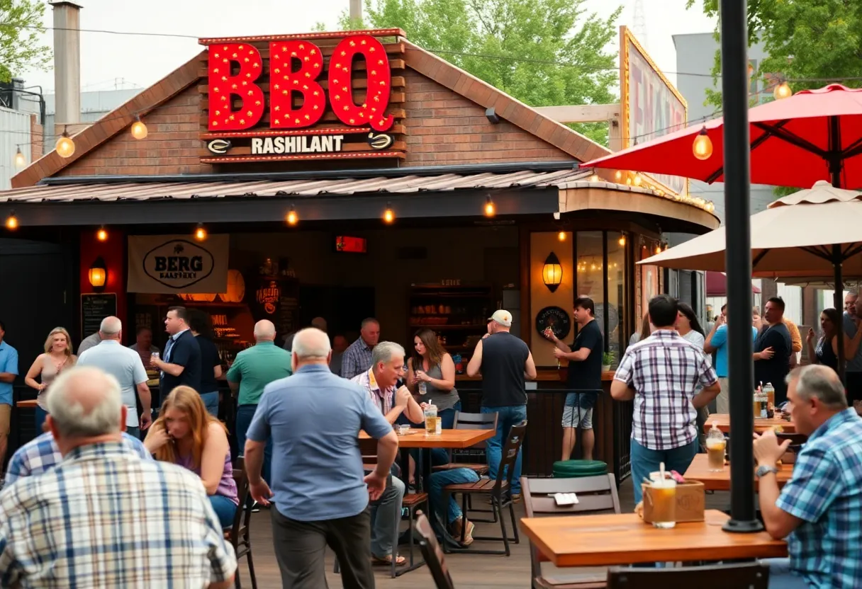 Outdoor dining area of Terry Black's BBQ in Nashville with guests enjoying the atmosphere.