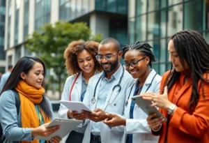 Professionals from various sectors collaborating amid an urban backdrop