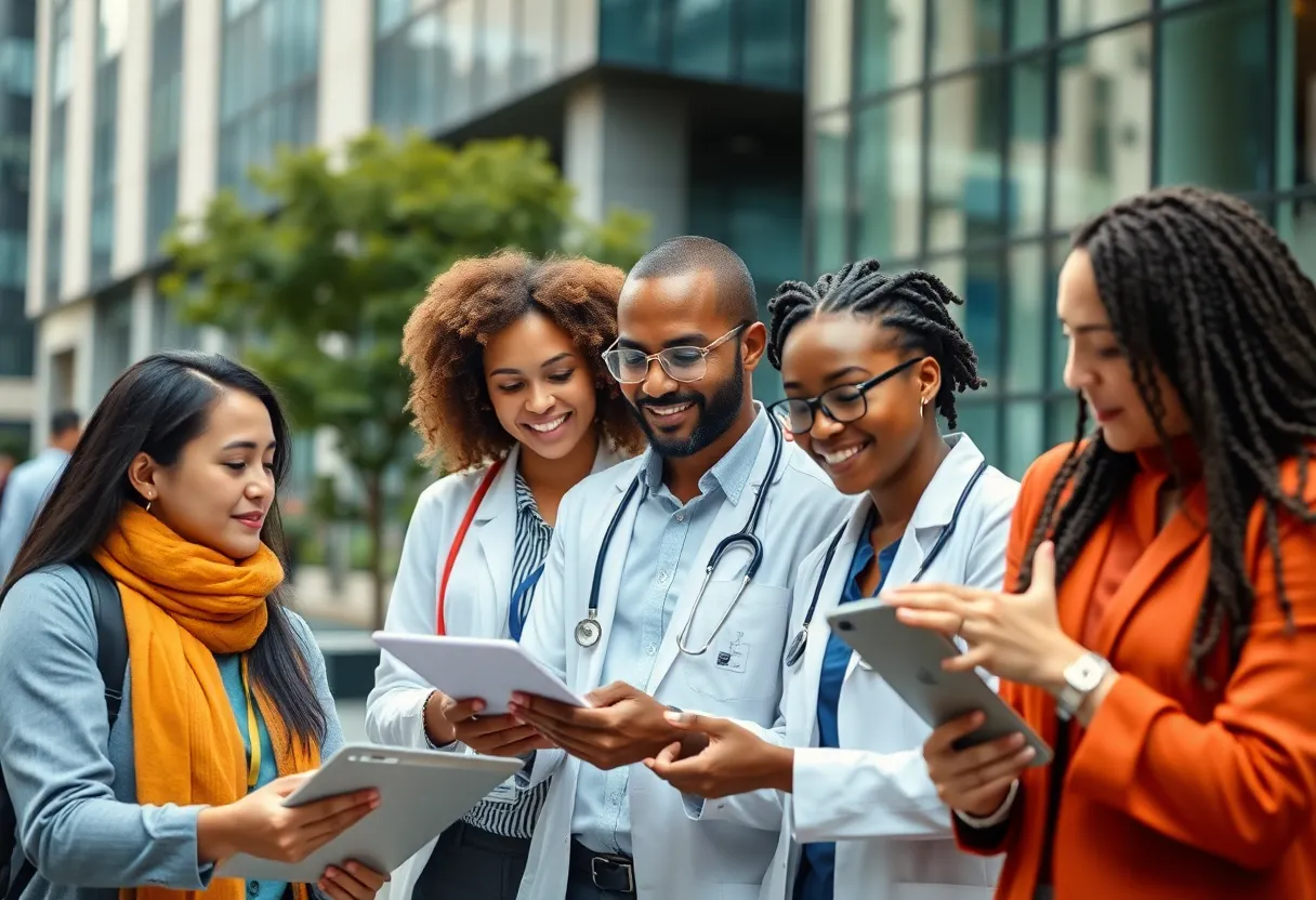 Professionals from various sectors collaborating amid an urban backdrop