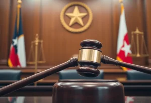 Courtroom scene with a gavel and Texas state flags.