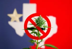 A cannabis plant with a no smoking sign in front of Texas state silhouette.
