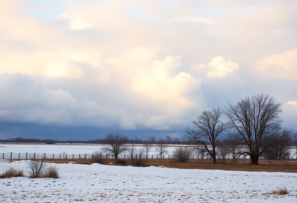 A winter landscape in Texas with snow clouds