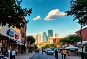 A vibrant urban scene in Texas reflecting economic activity and local entrepreneurial spirit.