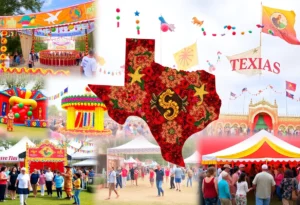 A colorful depiction of Texas festivals with decorations and community gatherings.