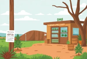 Texas landscape showcasing a hemp product store with age verification signs.