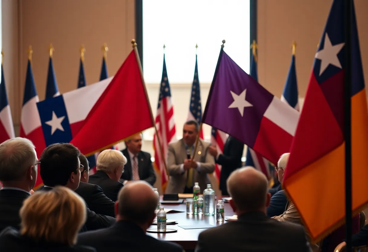 Texas state flags in a government building representing political division.
