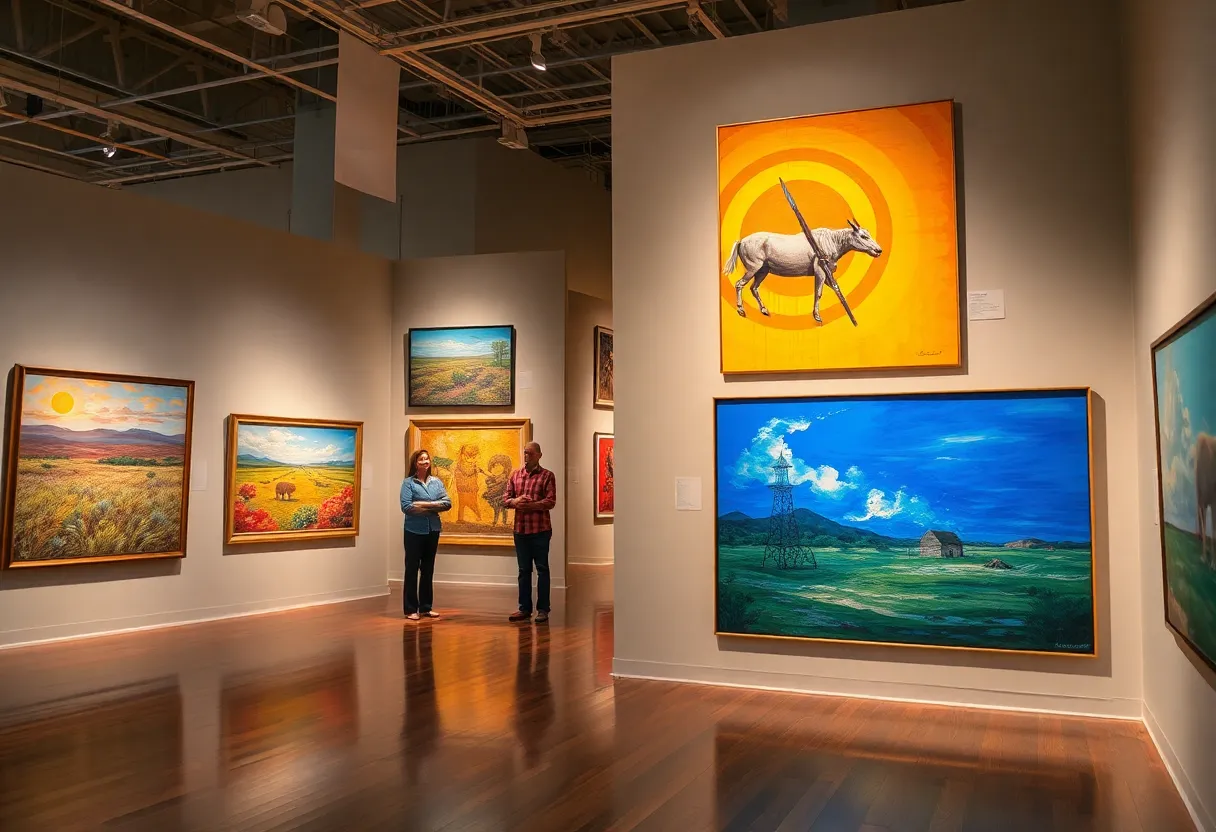 Vibrant artworks displayed in the Texas Legacy exhibit at the San Antonio Art League + Museum