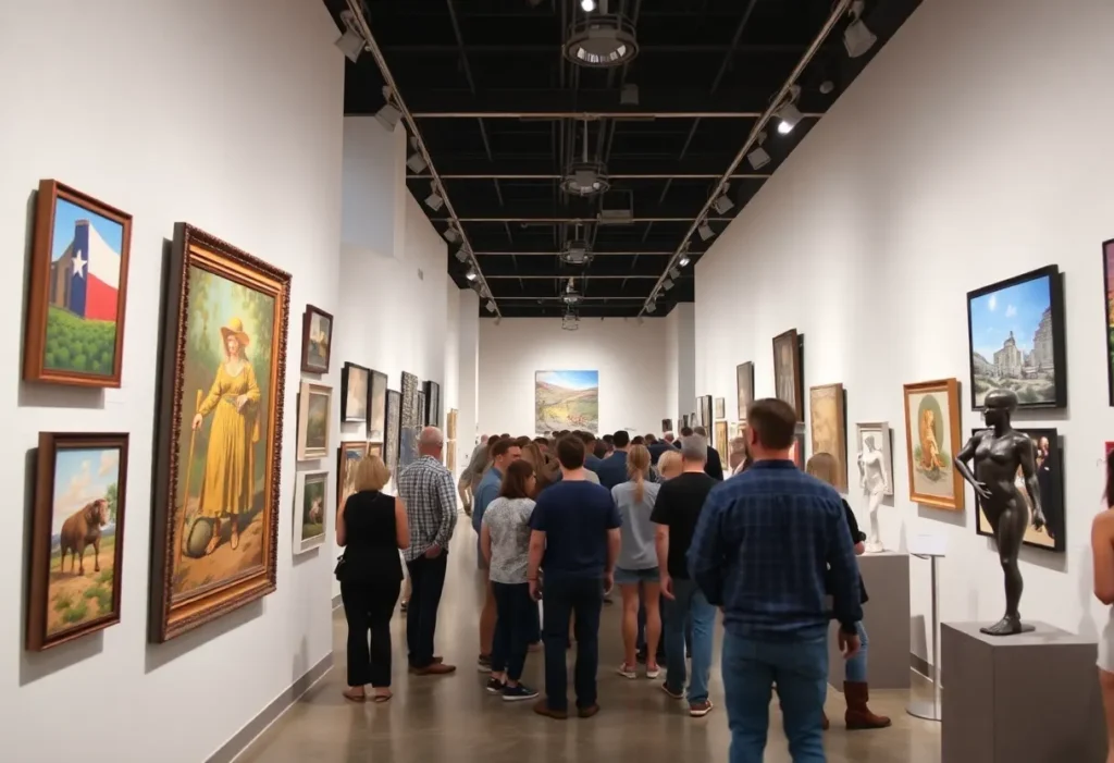 Visitors exploring the Texas Legacy exhibition at the San Antonio Art League.