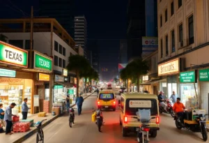 An urban scene in Texas showcasing economic activity and workers