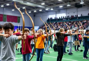 Students participating in the Texas NASP State Tournament shooting arrows.