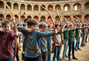 Young archers competing in the Texas National Archery Championship at Freeman Coliseum
