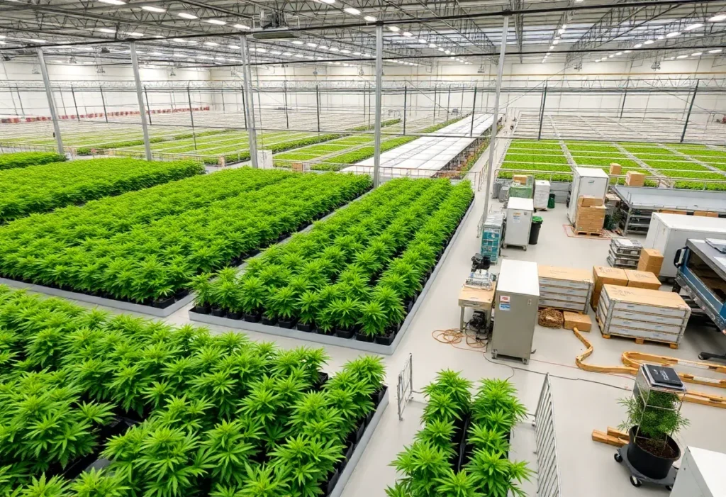 Aerial view of the Texas Original medical cannabis facility in Bastrop, highlighting greenhouses and lab spaces.