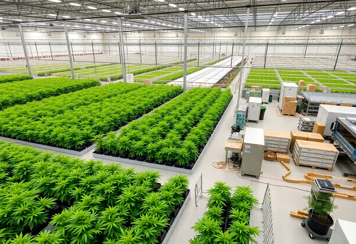Aerial view of the Texas Original medical cannabis facility in Bastrop, highlighting greenhouses and lab spaces.