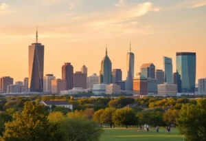 A bustling Texas city with new residents enjoying city life.