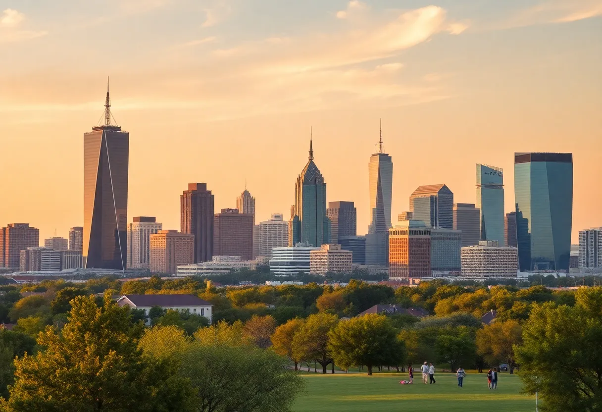 A bustling Texas city with new residents enjoying city life.
