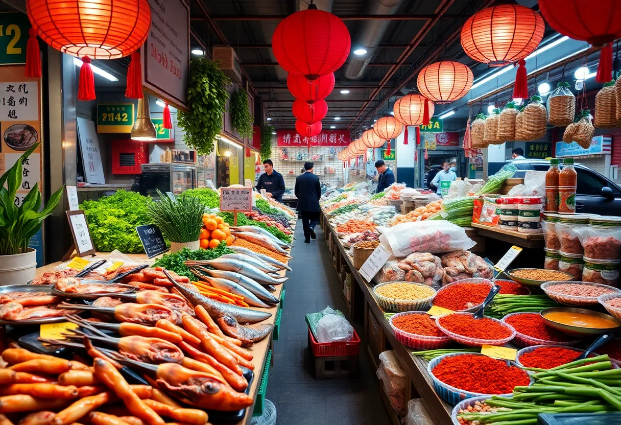 Market display with seafood and Asian produce for anniversary