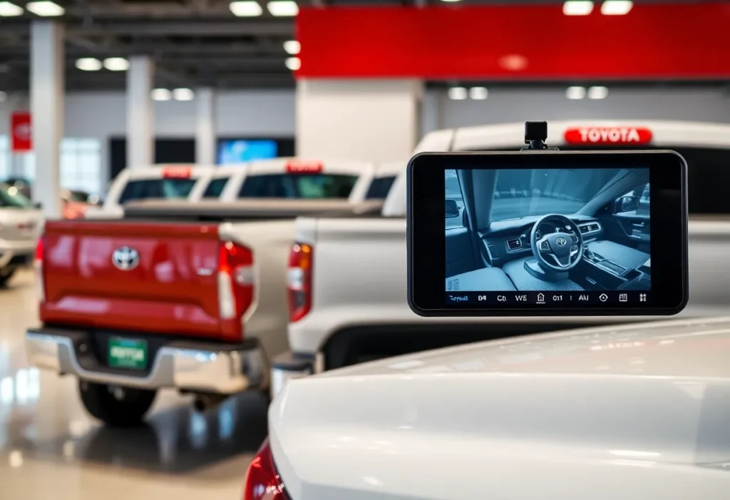 A line of Toyota Tundra trucks with multimedia displays