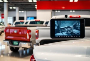 A line of Toyota Tundra trucks with multimedia displays