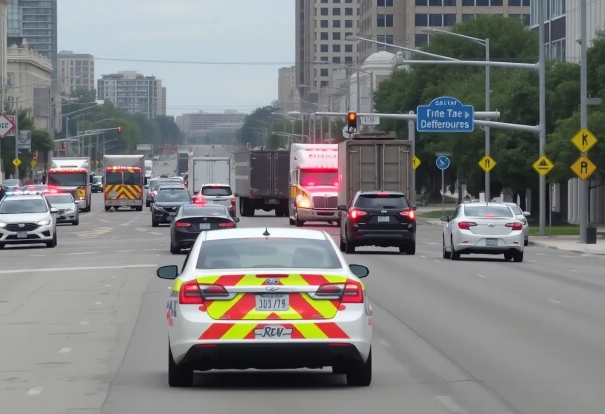 Traffic delays in downtown San Antonio caused by an overturned 18-wheeler accident.