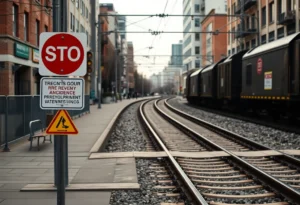 Safety sign near railroad tracks in San Antonio