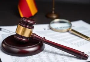 A gavel, documents, and a magnifying glass representing accountability and transparency in legal matters.