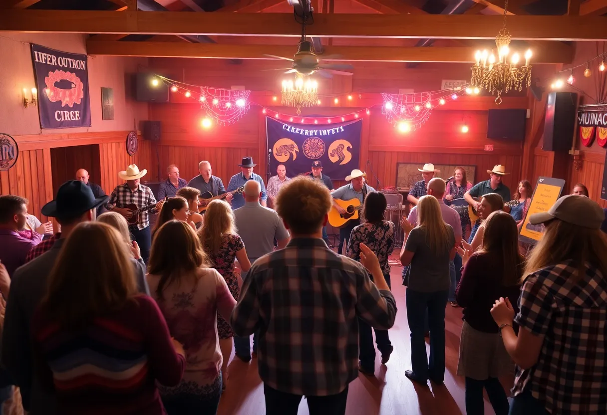 Trisdon Federic performing on stage with a full band at Thirsty Horse Saloon.